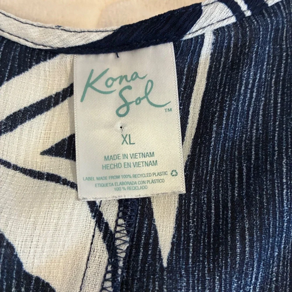 Kona Sol Floral Swim Cover Up‎ Tunic Top Navy White V Neck Casual Womens-XL